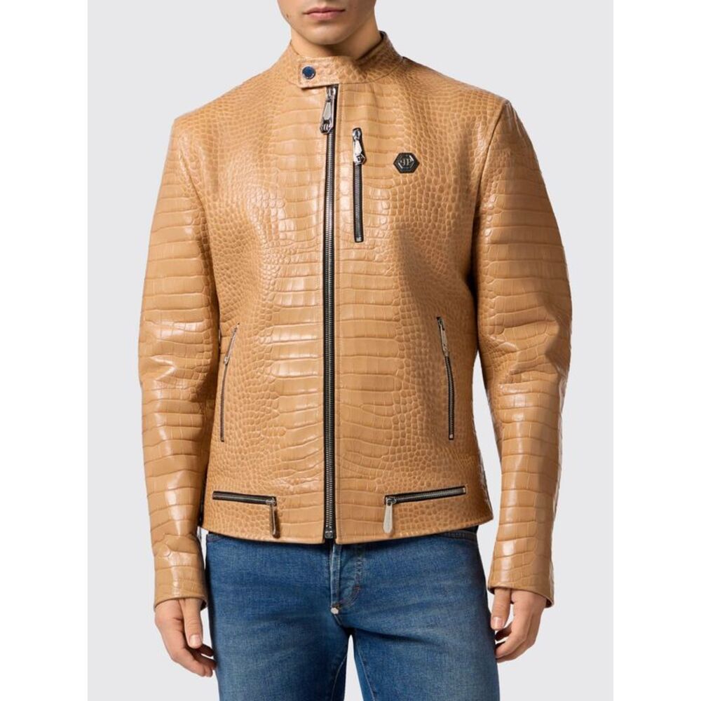 Philipp Plein Men Crocodile Print Leather Biker Jacket Philipp Plein